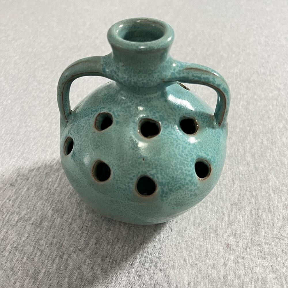 Vintage Turquoise Pottery Pansy Pot Vase Flower Frog Double Handle Jug Handmade